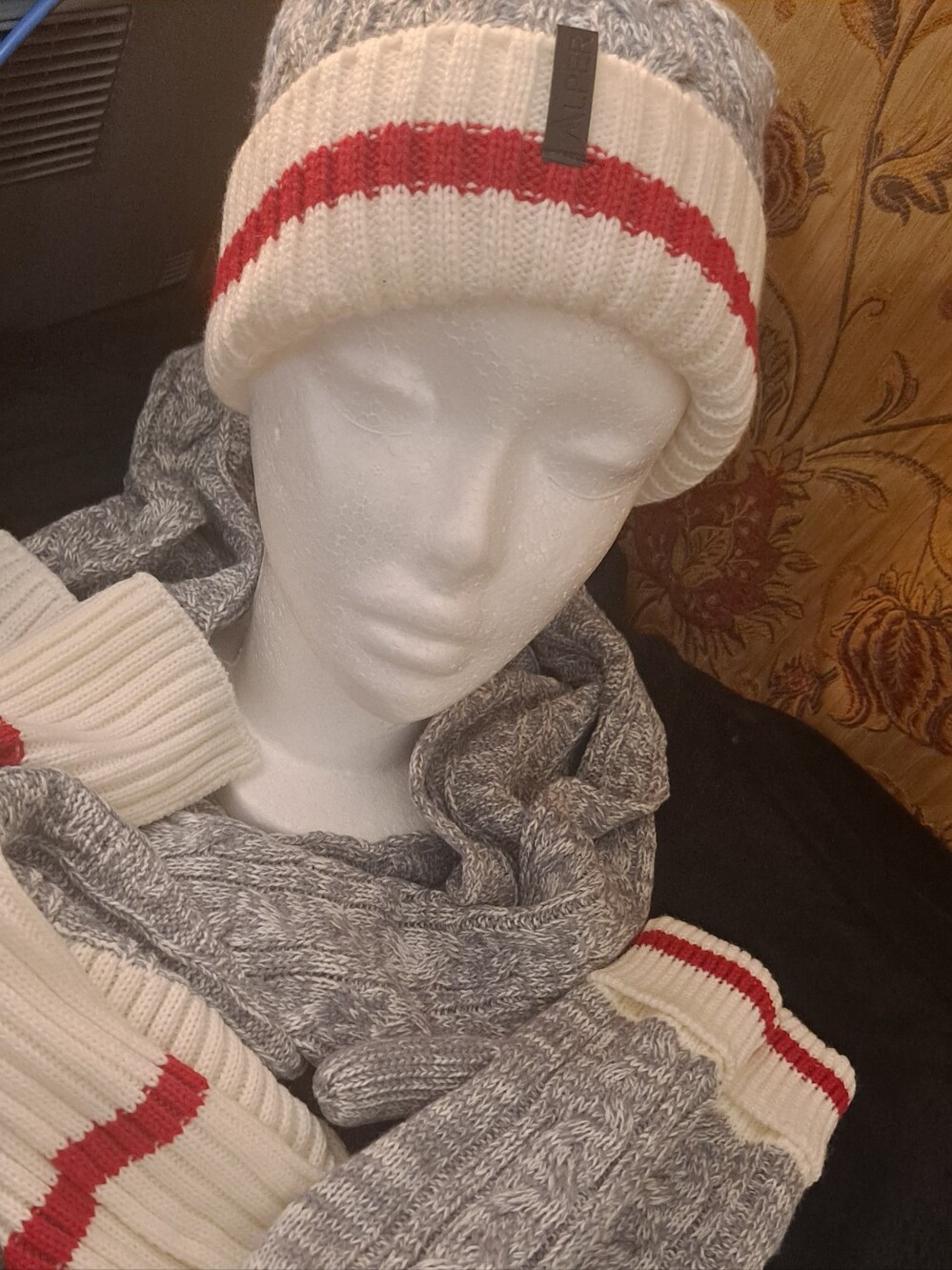 Alper Knit Beanie & Scarf Set with Red Stripe  Hat Mittens Scarf Set